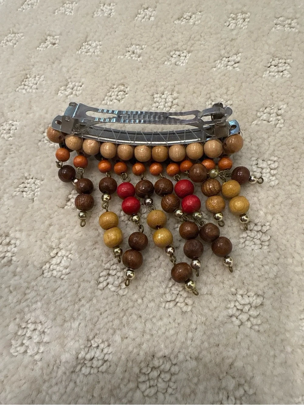 Vintage Boho Wooden Beaded Dangle Barrette Hair Clip 70s Style